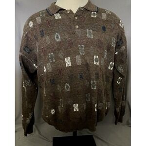 Vintage Conte Di Milano Brown Geometric Square Print Collared Mens Sweater Large